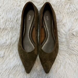Zara Olive Suede Pointed Toe Flats
